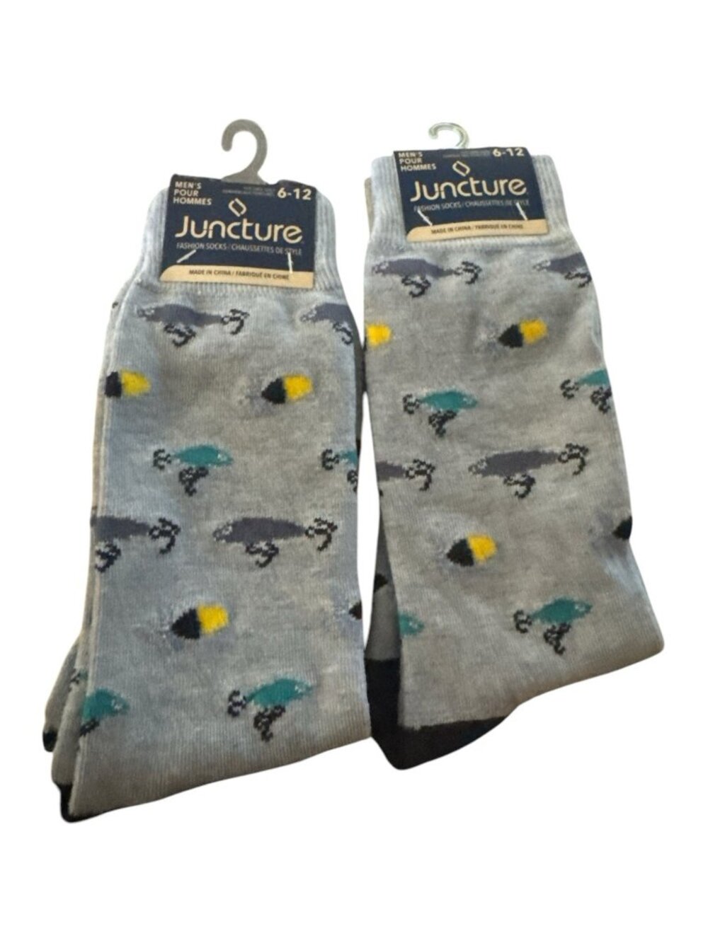 Juncture Men Crew Dress Socks Fishing Lure Multicolor 2 Pair Shoe Size 6-12